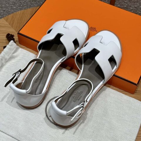 Hermès 196 Santorini 凉鞋 50 平纹/Swift 纯白色/01/Blanc